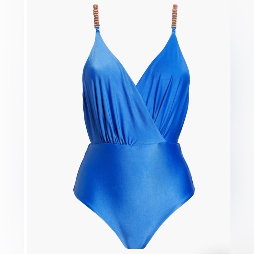 Farm Rio Beaded Strap One-Piece Swimsuit Blue Size Small